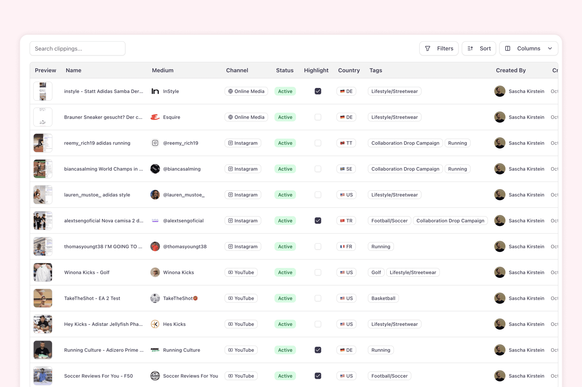 Clipping-Tabelle in aclipp mit Einträgen aus verschiedenen Quellen und Kanälen, inkl. Tags, KPIs und Filtern